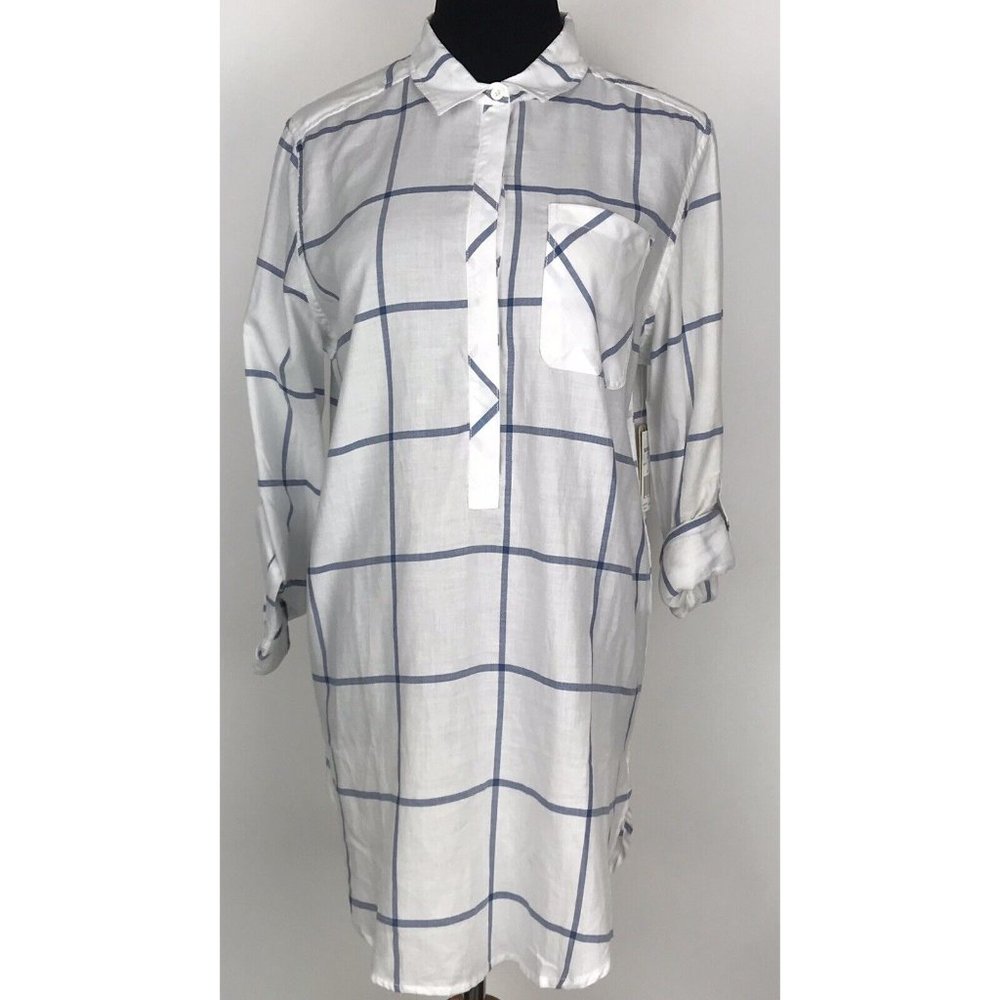 North River Womens‎ Plaid Shirt Dress High Low Tab Sleeves White Blue Size M NEW